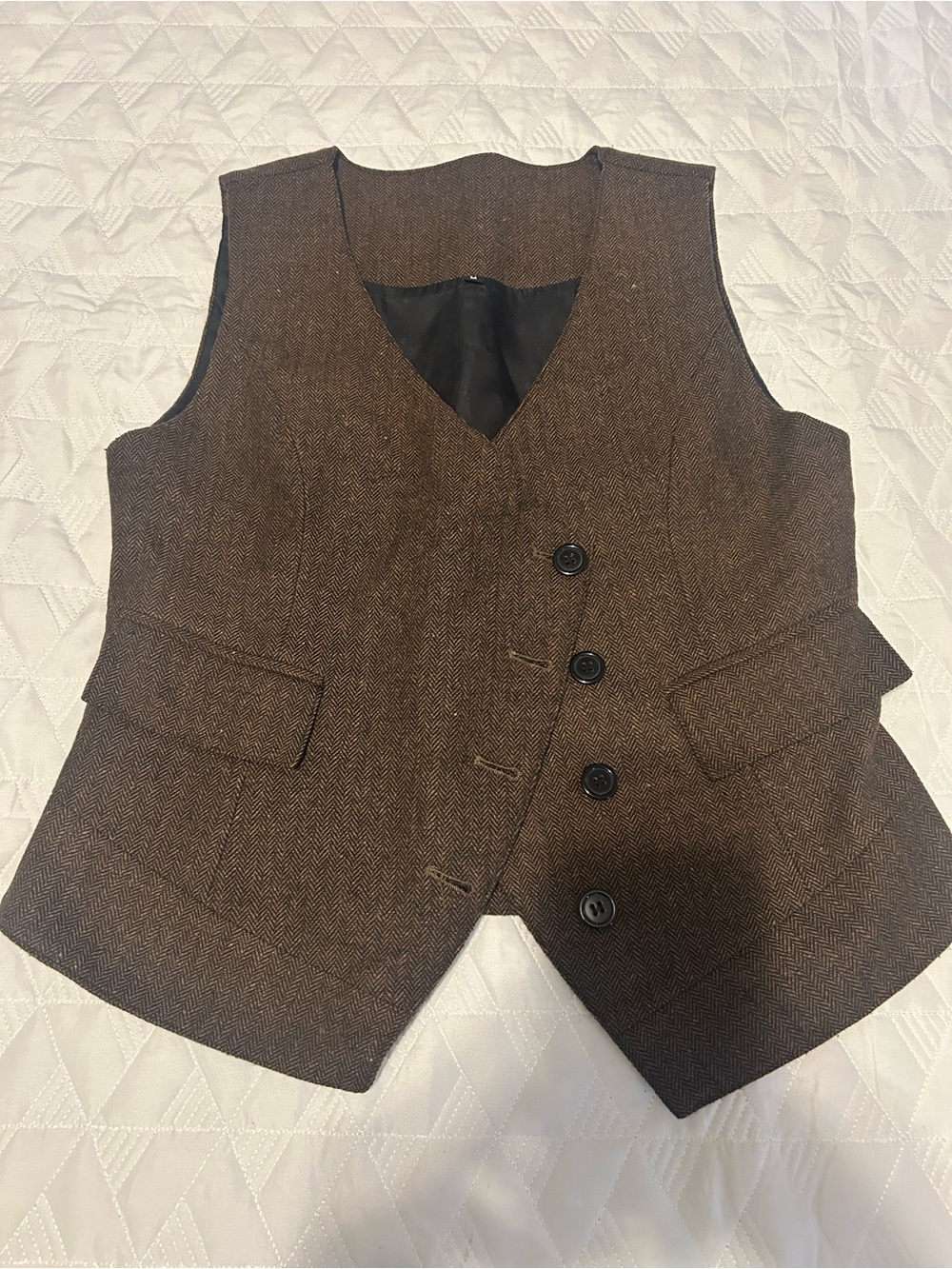 Men's Brown Herringbone Tailored Vest - Classic V-Neck Style